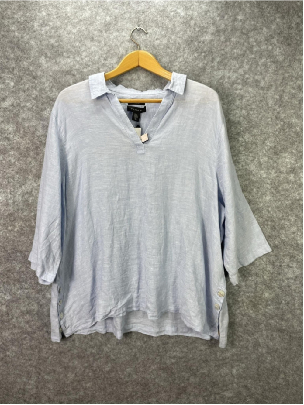 Tahari Blouse Womens 3X Blue 100% Linen V Neck 3/4 Sleeve Tunic Top NWT